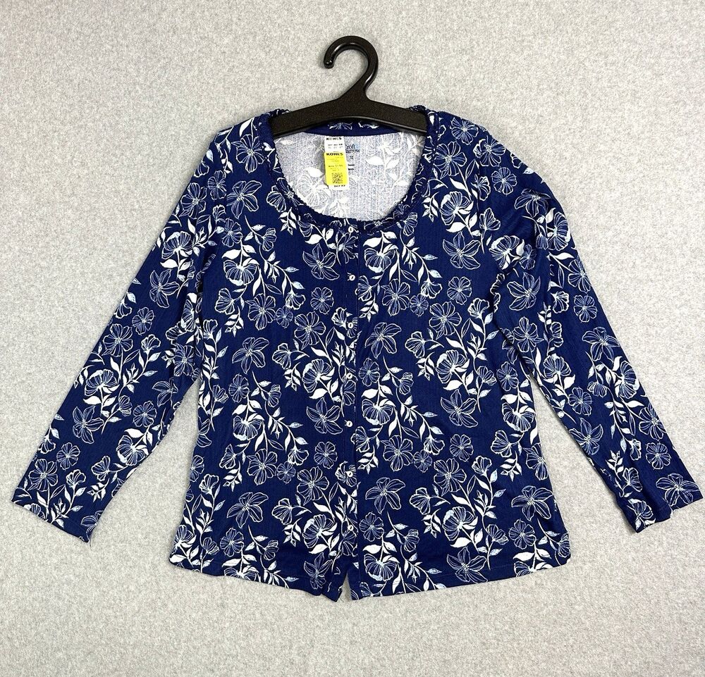NWT Croft & Barrow Womens Plus 1X Navy Blue Floral Button Front Sleepwear Top